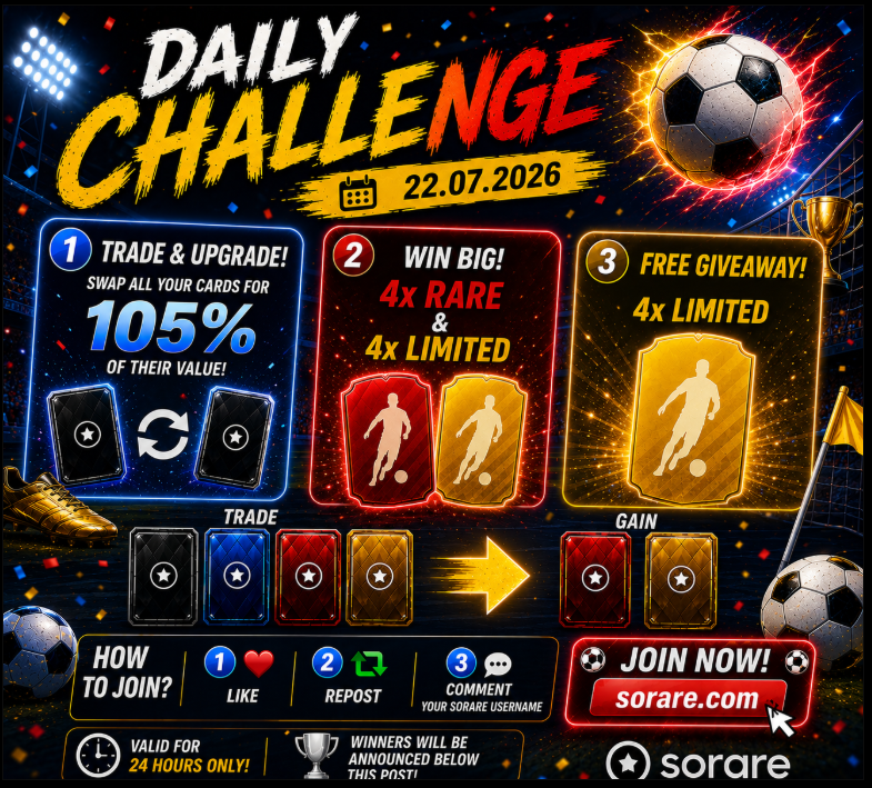 PawelTrader_'s tweet photo. 🆕 Daily @Sorare Challenge! ⚽️

📅 22.07.2026

1️⃣ Swap all my cards for ONLY 105% of yours!
2️⃣ 🏆 WIN CARDS!
🎁 4x Rare & 4x Limited Cards
3️⃣ 🔝 FREE GIVEAWAY!
🏅 4x Limited Cards

👇 How to enter?
❤️ Like
🔄 Repost
💬 Comment your Sorare username
🆕 New to Sorare? Join here:
 https://t.co/fnZdbsP1mm

⏰ Valid for 24 hours only!
📢 Winners will be announced below this post.

🍀 Good luck, everyone! ⚽🔥

#Sorare #FantasyFootball #NFT #Giveaway #Football #DailyChallenge