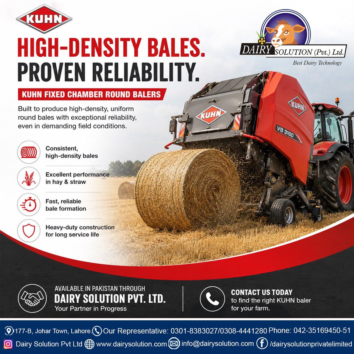 PvtDairy's tweet photo. Every Bale Counts. Make Every One a KUHN. 🌾

High-density bales. Proven reliability. Built to perform in the toughest field conditions.

Available in Pakistan through Dairy Solution Pvt. Ltd.

#KUHN #RoundBalers #ForageTechnology #FarmMachinery #DairySolution https://t.co/3wJB8rbwKp