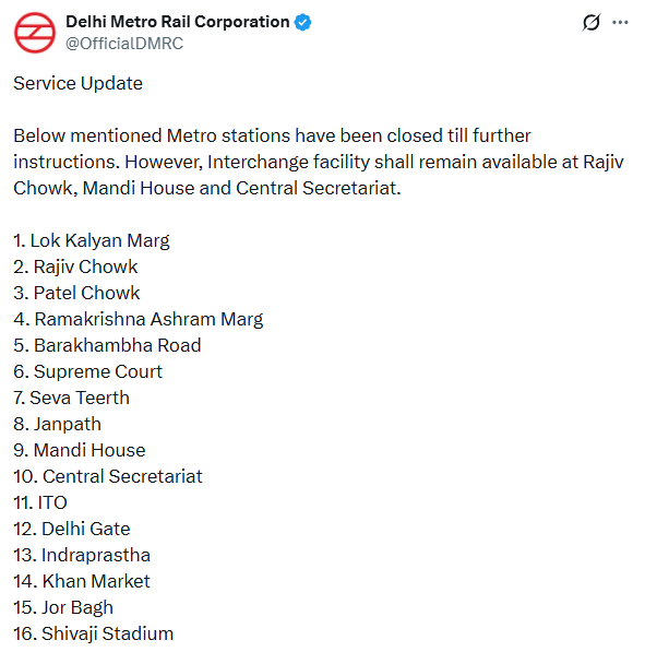 Udayindiaonline's tweet photo. #BigBreaking 🚨
दिल्ली मेट्रो रेल कॉर्पोरेशन सेवा अपडेट..
> नीचे बताए गए मेट्रो स्टेशन अगले आदेश तक बंद रहेंगे। हालाँकि, राजीव चौक, मंडी हाउस और सेंट्रल सेक्रेटेरिएट पर इंटरचेंज की सुविधा उपलब्ध रहेगी।
#DMRC https://t.co/VVUzaQJyWz