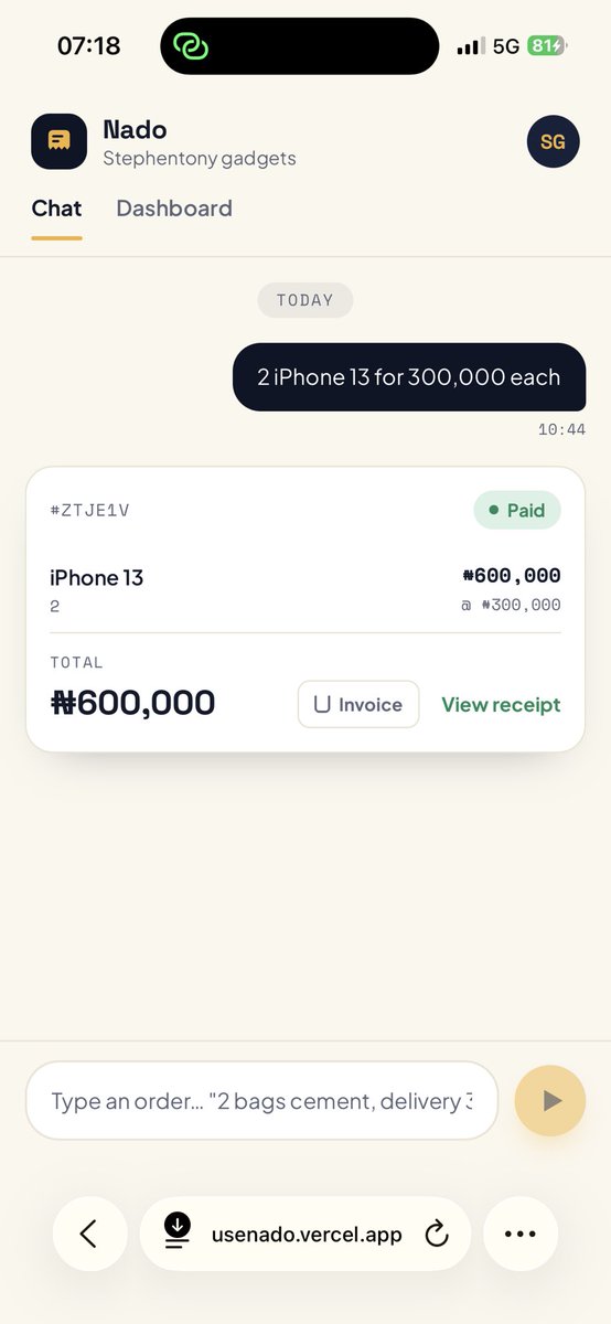 stephentonyyy's tweet photo. I just shipped Nado🎉

You type an order like texting a customer, get back an AI parsed invoice, a payment link, and an auto-generated receipt. 

I built this for the @apiconflagos X @monnify Developer Challenge 

#APIConfXMonnify #DeveloperChallenge

🔗: https://t.co/zwAgidX3Wl https://t.co/IHP3ZPbhIo