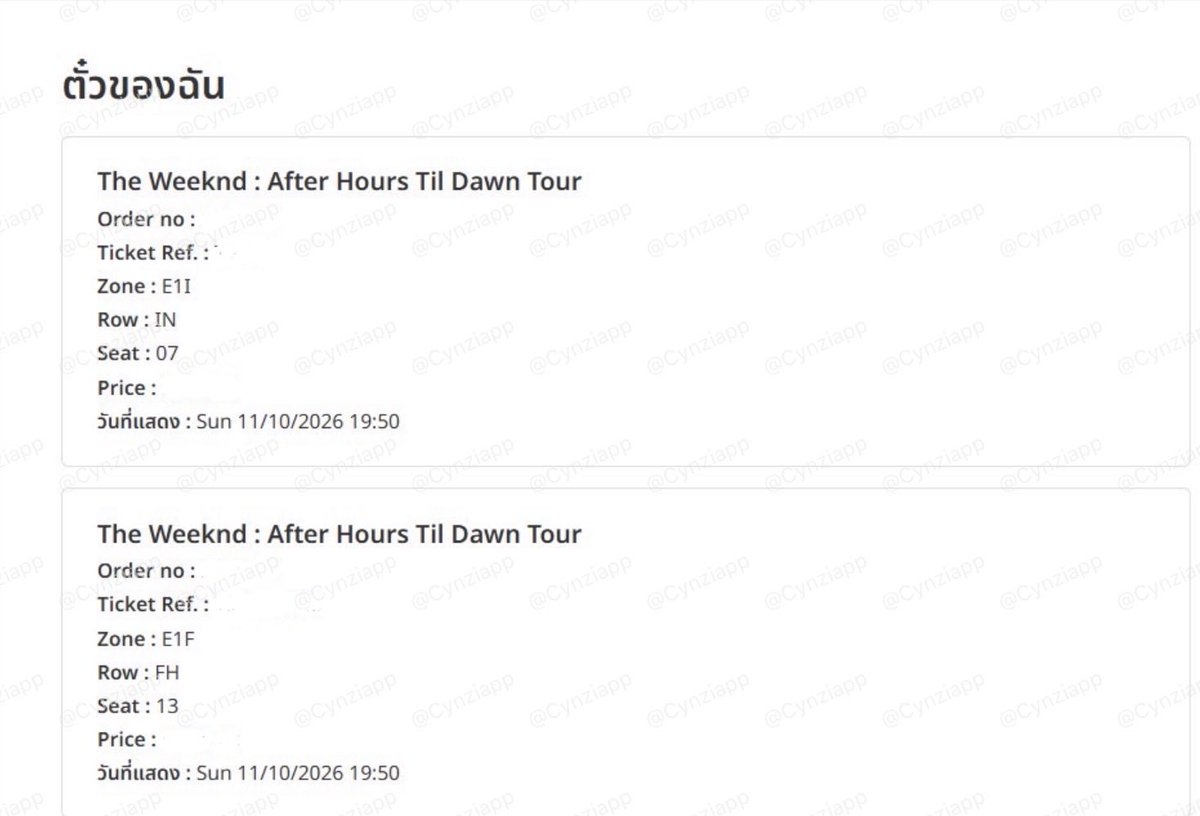 Cynziapp's tweet photo. ปล่อยบัตร The Weeknd รอบวันที่ 11 มีบัตรอ่อนแล้ว พร้อมใบมอบอำนาจ
ใบที่ 1 โซน E1I แถว IN ที่นั่ง 07
ใบที่ 2 โซน E1F แถว FH ที่นั่ง 13

ใบละ6,200 รวมทุกอย่างแล้ว

นัดรับโซน บางนา, เมกะบางนา อื่นๆตาม BTS (ไม่ไกลจากนี้มาก)
#TheWeekndLiveInBangkok #AfterHoursTilDawnTourBKK https://t.co/Gu6ZF2UZBx