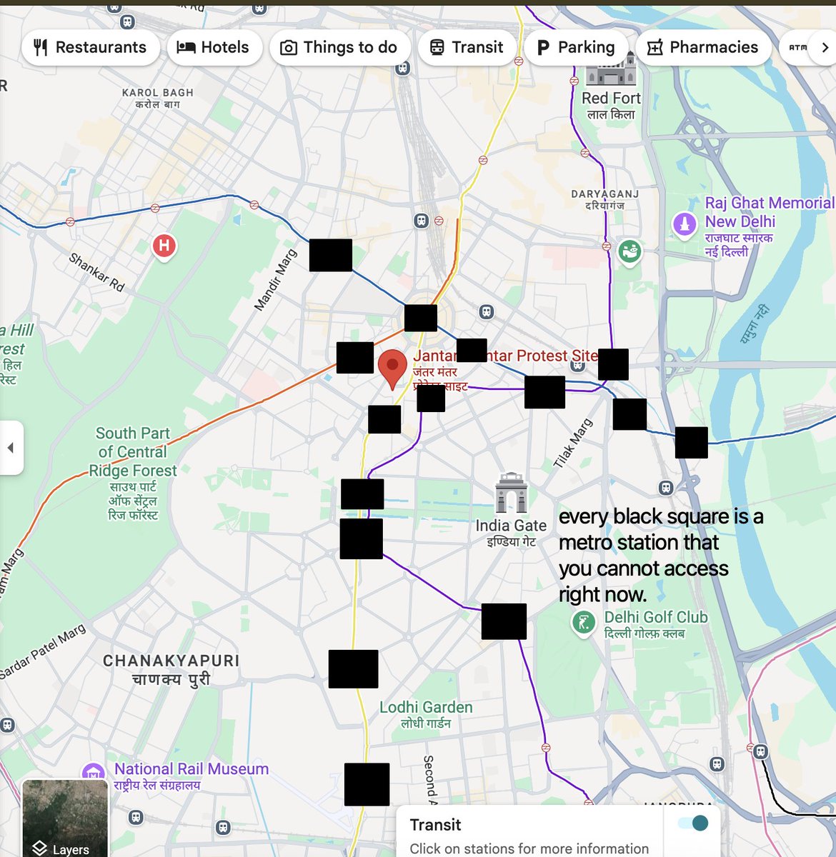bakwaasmaster's tweet photo. every black square is a metro station that you cannot access right now. this is without any prior notice, mind you. 

to all the people at the protest site today, stay safe, install google maps offline, install bitchat / briar for offline communication. carry protective gear. https://t.co/rtrzZZJrqZ