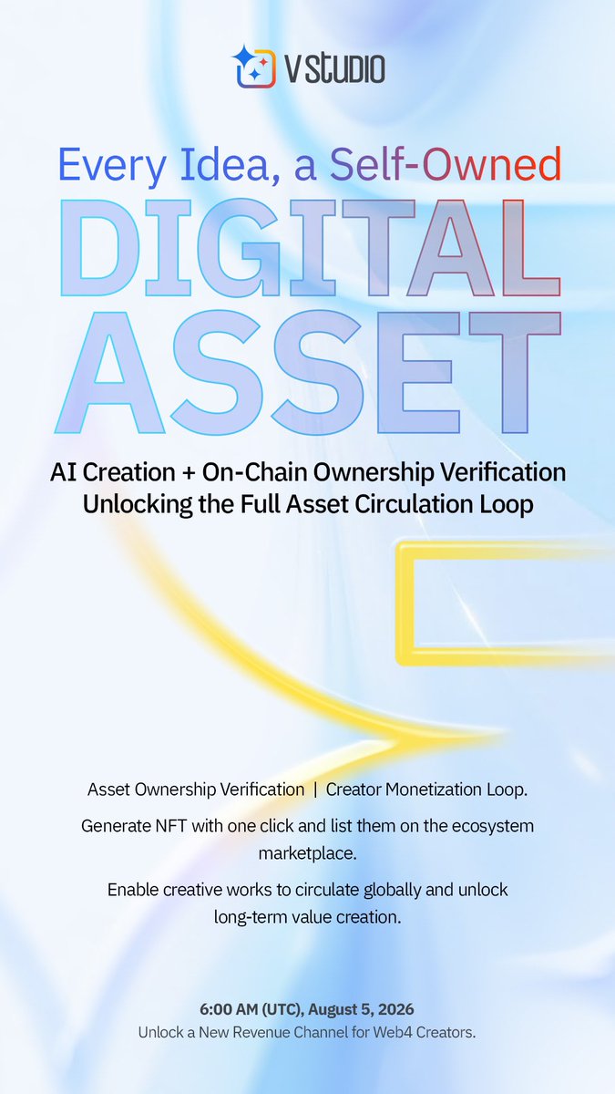 VcityBlockchain's tweet photo. V Studio will go live at 6:00 AM (UTC), August 5, 2026.
Powered by AI creation and on-chain ownership verification, it connects the full asset circulation loop — turning every idea into a self-owned digital asset.
#Vcity #Vstudio #AI #Agent https://t.co/NATNWPILwd