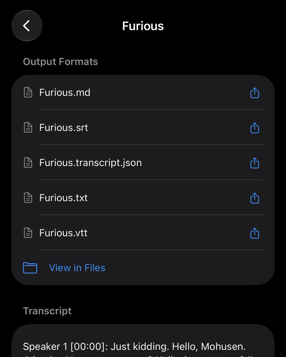mohoosenplus's tweet photo. I made a fully offline, no-AI, transcription app that uses iOS 27’s on-device models to do real-time transcription. 

It can also take a 250mb video file (4k video) and transcribe that in under 5 seconds. 

Everything is saved locally, output in multiple formats; video/audio files also have VTT/SRT output. 

And it’s going to be completely free in September when iOS 27 launches.