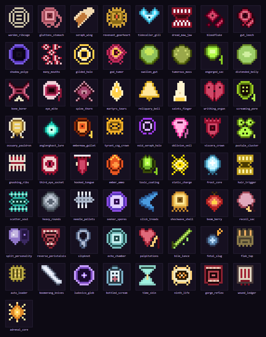 DevoidSloth's tweet photo. I MADE ALL THESE SPRITES WITH CLAUDE!

There's no inventory in SLIMESHOT. Items are GRAFTS, organs stitched into your slime. 

Warden ribcage. Gilded halo. God tumor.

Your build is an anatomy.

#indiedev #roguelike #pixelart #ai #aidev https://t.co/YELLWRku0G
