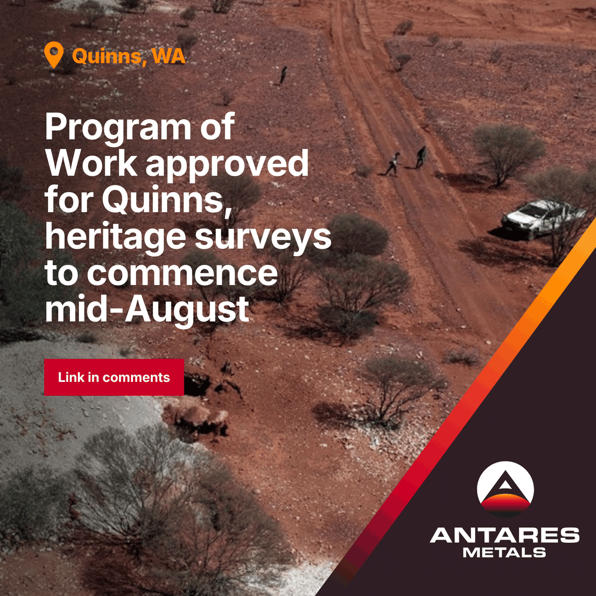 AntaresMetals's tweet photo. Antares' Program of Works has been approved for Quinns Project in WA.

Heritage surveys, to commence mid-August, will clear the way for maiden drilling at high-grade VMS targets, co-funded by the WA Government's EIS.

Read the full announcement here: https://t.co/NPxGT7FCco

$AM5 #ASXnews #copper #exploration