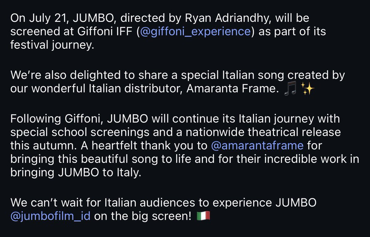 Adriandhy's tweet photo. +/- 600 children at Giffoni Film Festival 2026, Italy, just finished watching #FilmJUMBO (Italian dubbed) - and this was their reaction when the lights turned on while the credits still rolling.😭❤️

Unreal. Unreal. UNREAL.🇮🇹

Alhamdulillahiladzi Bini’matihi Tatimmush Shalihaat. https://t.co/S1g2KNDDIh