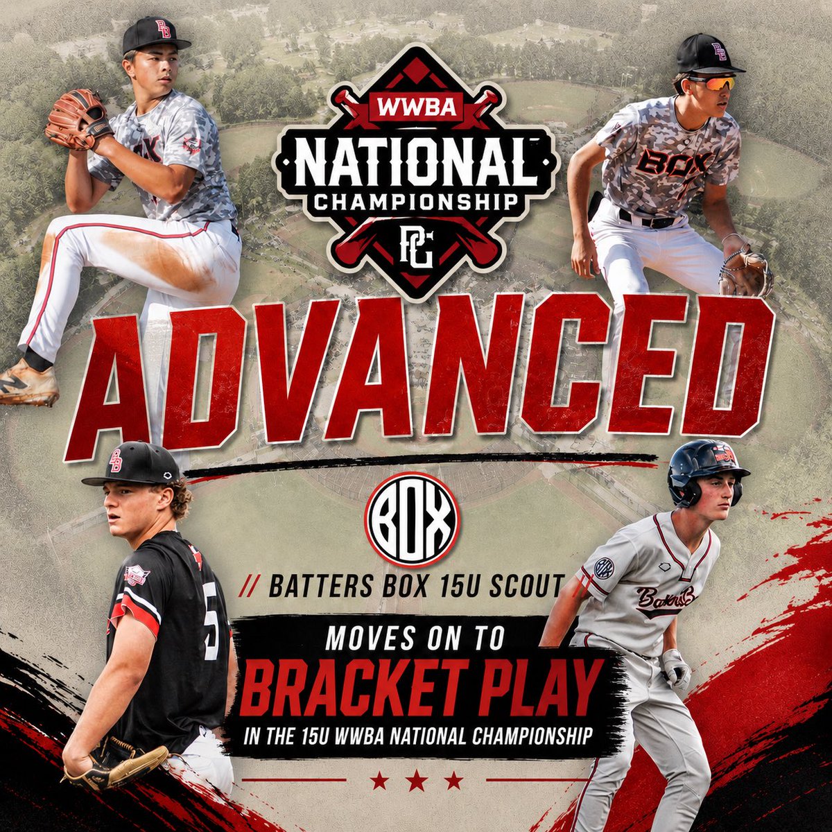 BattersBox's tweet photo. Batters Box 15U Scout is advancing to bracket play in the Perfect Game 15U WWBA in East Cobb! Playoffs start Wednesday. Let’s get it! #BoxBoys #reptheBox https://t.co/RUTdwlvdhb