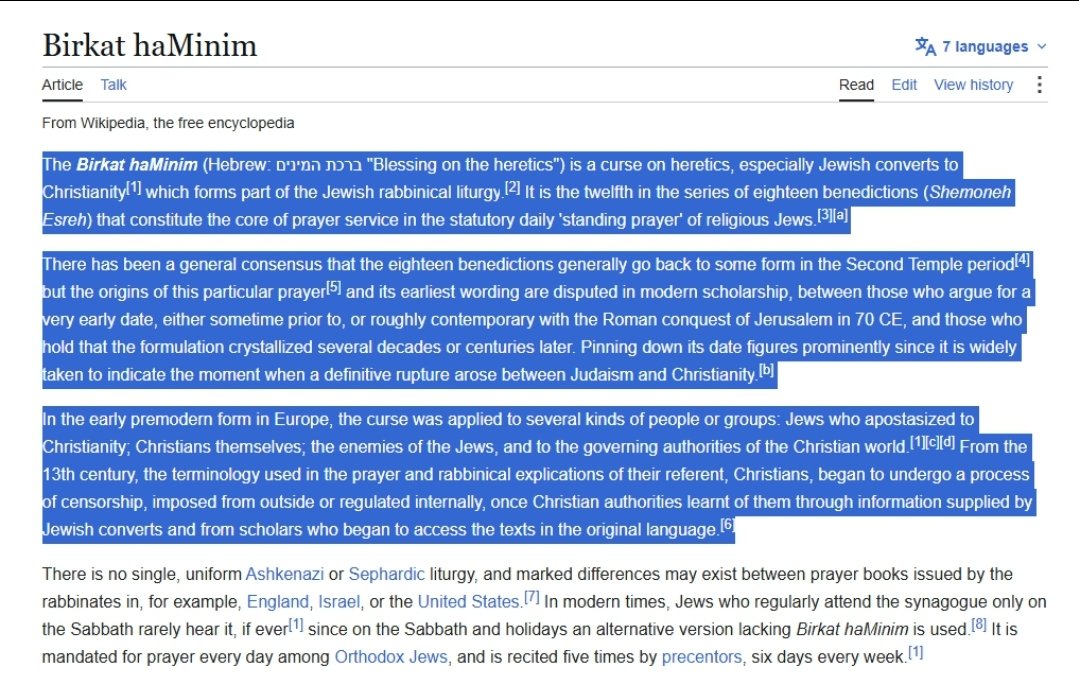 Haqiqatjou's tweet photo. The Jewish daily prayer contains a section calling for both the destruction of Christians and the destruction of the West. 

This is known as Birkat haMinim.

Jews traditionally hid information about Birkat haMinim from Christian Europeans to avoid backlash.

The text of Birkat haMinim reads:

For the apostates (meshumaddim) let there be no hope, and uproot the kingdom of arrogance (malkhut zadon), speedily and in our days.

May the Nazarenes (ha-naẓarim/noṣrim/notzrim and the sectarians (minim) perish as in a moment.

Let them be blotted out of the book of life, and not be written together with the righteous. You are praised, O Lord, who subdues the arrogant.

In the text, "Nazarenes" is a reference to Christians.

Meanwhile, the "kingdom of arrogance" is a reference to Rome and Europeans. 

Rome and Europeans are also referred to as the people of Edom (descendants of Esau).

Jews use terms like Edom and Esau to refer to Europeans to help hide their teachings from Westerners. 

After all, if Westerners knew that every day Jews pray for the destruction of Christians and Europeans, they would be less likely to see Jews as their allies, and less likely to understand the West as a "Judeo-Christian" civilization.