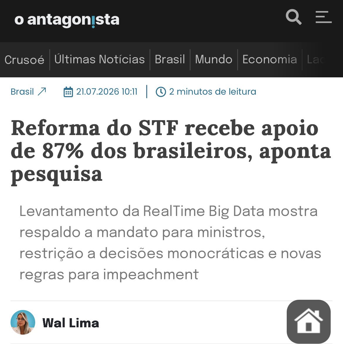 mauad_joao's tweet photo. Trago boas notícias. Se o novo congresso irá se sensibilizar com a vontade popular, aí já são outros quinhentos…

“Mudanças na estrutura do Supremo Tribunal Federal (STF) aparecem entre as pautas institucionais com maior apoio popular, segundo pesquisa da RealTime Big Data divulgada nesta terça-feira, 21.

O levantamento mostra que 72% dos entrevistados consideram uma reforma da Corte “muito importante” e 15% avaliam como “razoavelmente importante”. Ao todo, 87% apoiam a proposta. Apenas 8% dizem que a medida não é importante.

A pesquisa avaliou um pacote de mudanças que inclui mandato fixo de 15 anos para ministros, idade mínima de 60 anos para indicações ao tribunal, fim das decisões monocráticas e tramitação automática de pedidos de impeachment quando houver maioria no Senado.”