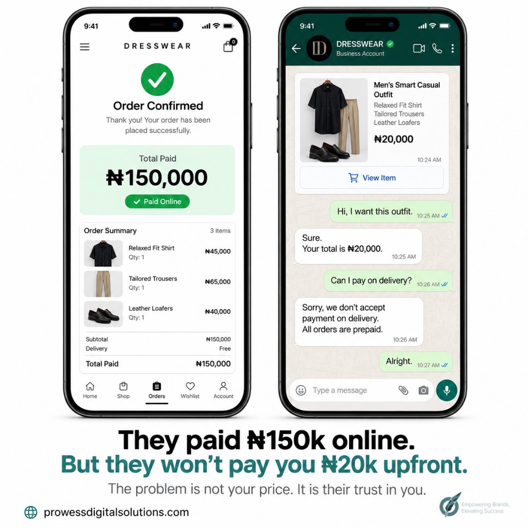 prowessDS's tweet photo. Why will a customer spend ₦200k on Temu, but hesitate over a ₦20k deposit with you?

It’s trust. Big platforms offer clear refund policies, making upfront payments feel safe.

Build trust and get paid without drama.
Find your business gaps: https://t.co/uvoWjkSICm https://t.co/wldXJ7SPHR