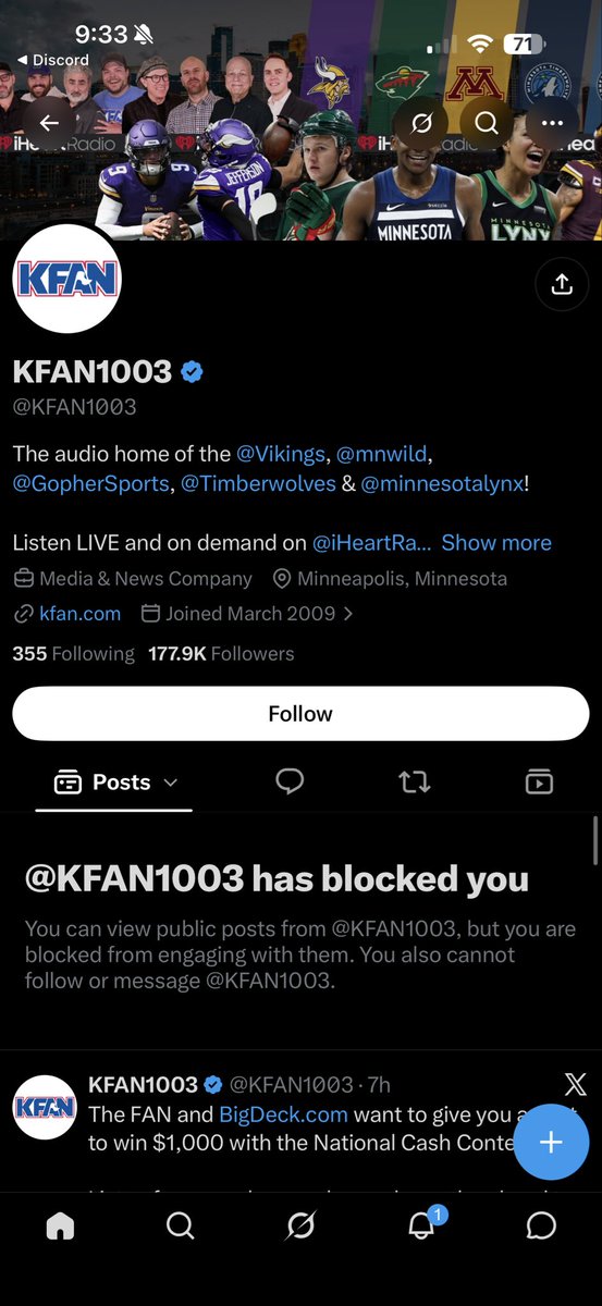 That1JoshDude's tweet photo. @alwayssbased @KFAN1003 They even blocked me lmao. Soft ass “sports” station. https://t.co/uqwU8E6GFg