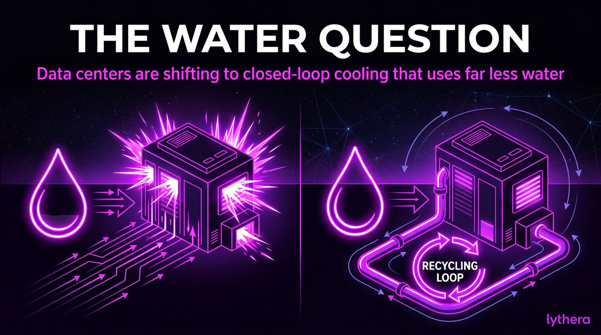 lythera_ai's tweet photo. Large AI data centers can use millions of gallons of water daily for cooling. 

The industry response: closed-loop and dry-cooling systems that cut water use sharply. 

Efficiency isn't optional anymore - it's required. 💧 https://t.co/EiW1CecqWt