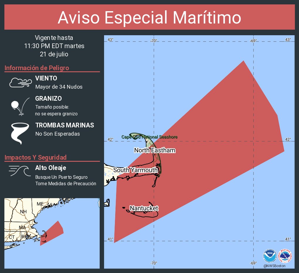 NWSBoston's tweet photo. Aviso Especial Marítimo incluye Aguas costeras desde Provincetown MA a Chatham MA a Nantucket MA hacia afuera 20 mn, Aguas costeras al este de la Bahía Ipswich y del Santuario Marino Nacional Stellwagen Bank, Pasaje de Nantucket y Bahía Cabo Cod hasta las 11:30 PM EDT https://t.co/MJTGMbLELl