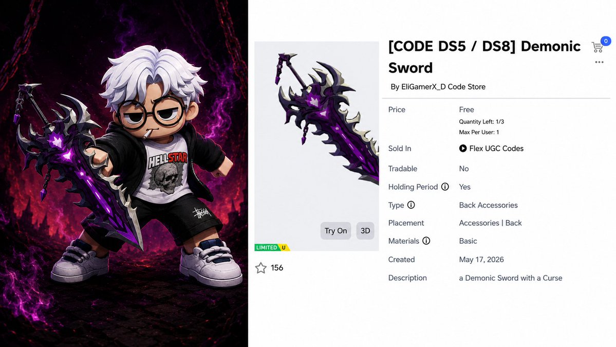 raedimsblox's tweet photo. [CODE DS5 / DS8] Demonic Sword

Senjata sangar FREE! ⚔️🔥 Demonic Sword by EliGamerX_D Code Store bisa kalian klaim dengan memasukkan kode DS5 atau DS8 di Flex UGC Codes. Sayangnya stock tinggal 1 dari 3 slot aja.
#roblox #robloxindonesia #raedims #ugcfree #ugclimited https://t.co/RR0MuosZsu