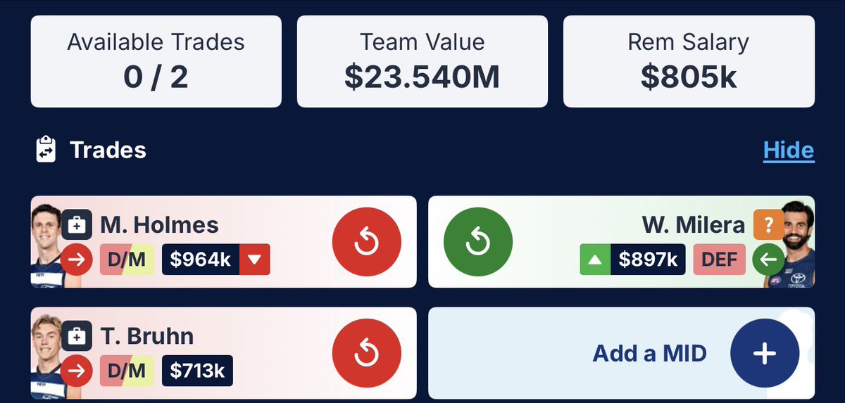 FantasyBlacksy's tweet photo. I’m Wayne over Rankine but I prefer the Rankine trade over the Wayne trade… any suggestions on mids or forwards under 805k @RoyDT @WarnieDT @CalvinDT #AFLFantasy https://t.co/Ijz4ral9FY