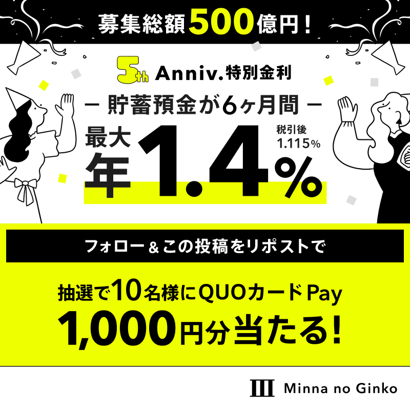 minnano_ginko's tweet photo. ✨特別金利キャンペーン開催記念✨

フォロー＆リポストで
QUOカードPay1,000円分が当たる！

出し入れ自由で高金利な「みんなの銀行」で、資産形成をはじめませんか？

■Xキャンペーン参加方法
①本アカウントをフォロー
②8/2までに本投稿をリポスト

※ツリー下の注意事項をご確認ください