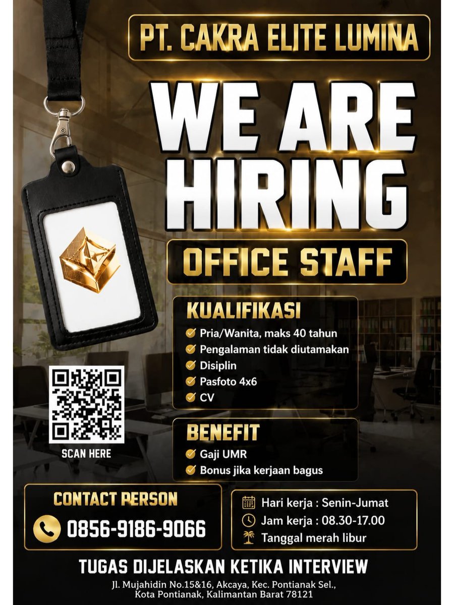 lowkerptk3's tweet photo. 📢 Lowongan Kerja Pontianak 📢

PT. Cakra Elite Lumina membuka kesempatan bergabung untuk posisi Office Staff.

📍 Lokasi kerja: Jl. Mujahidin No. 15 &amp; 16, Akcaya, Kec. Pontianak Selatan, Kota Pontianak. https://t.co/hSJXrGYSlf