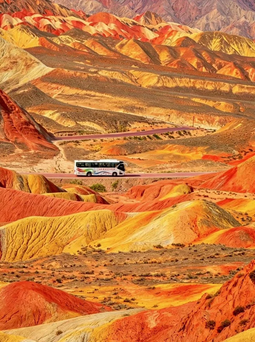 IsisStokes7's tweet photo. Strolling around the colorful Danxia, like a giant color plate overturned by nature, hundreds of millions of years of geological changes are condensed into layers of colorful mountains, red, orange, yellow and brown meandering along the mountain. https://t.co/9WB6ekbbYx