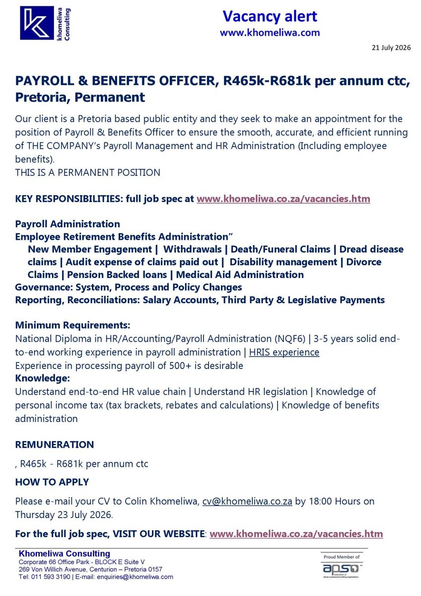 yuthconnect's tweet photo. 📌We are hiring!!   PAYROLL & BENEFITS OFFICER, R465k-R681k per annum ctc, Pretoria, Permanent

Our client is a Pretoria based public entity and they seek to make an appointment for the position of Payroll & Benefits Officer to ensure the smooth, accurate, and efficient running of THE COMPANY's Payroll Management and HR Administration (Including employee benefits).