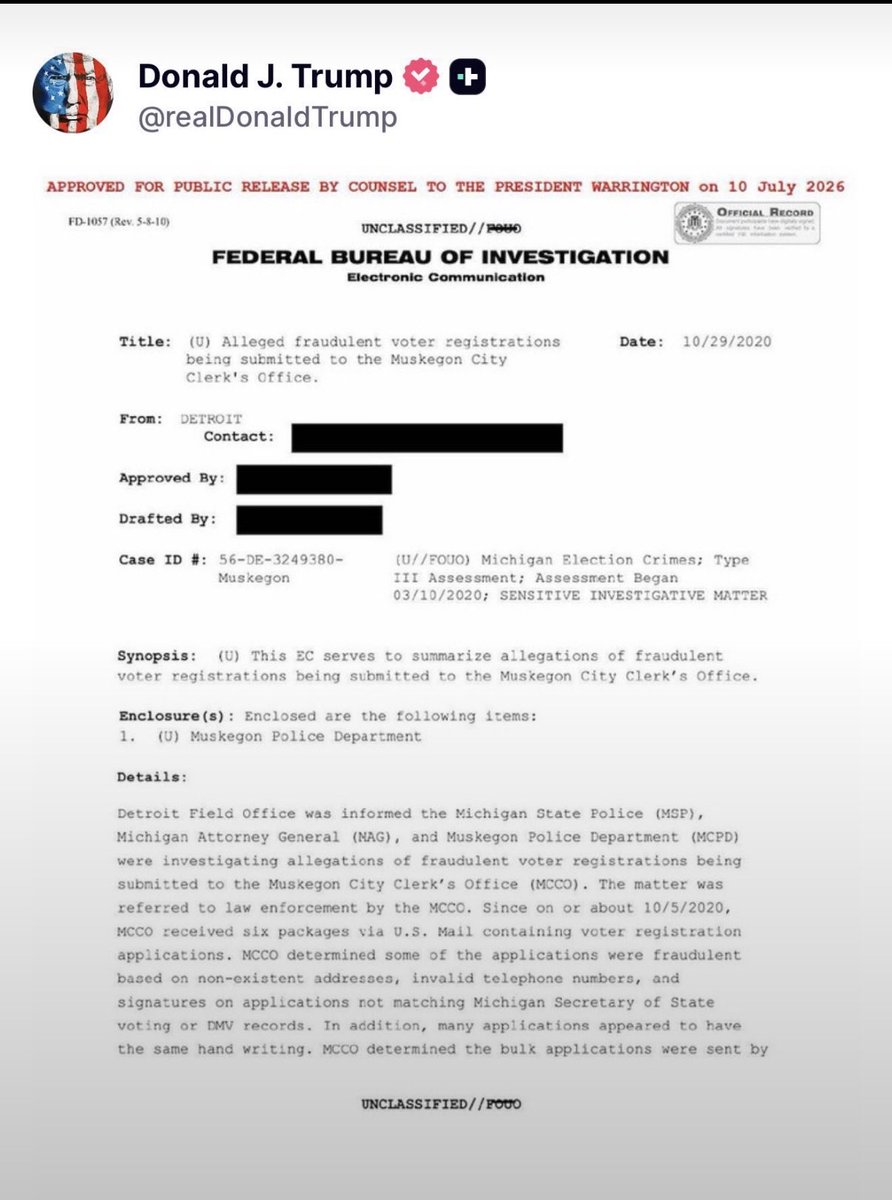 Real_RobN's tweet photo. 🚨🚨President Trump just POSTED BOMBSHELL Michigan 2020 Ballot fraud operation Christopher Wray and Michigan AG Dana Nessel covered up.  

An official investigation is on the way. https://t.co/IT2u2UXBZn