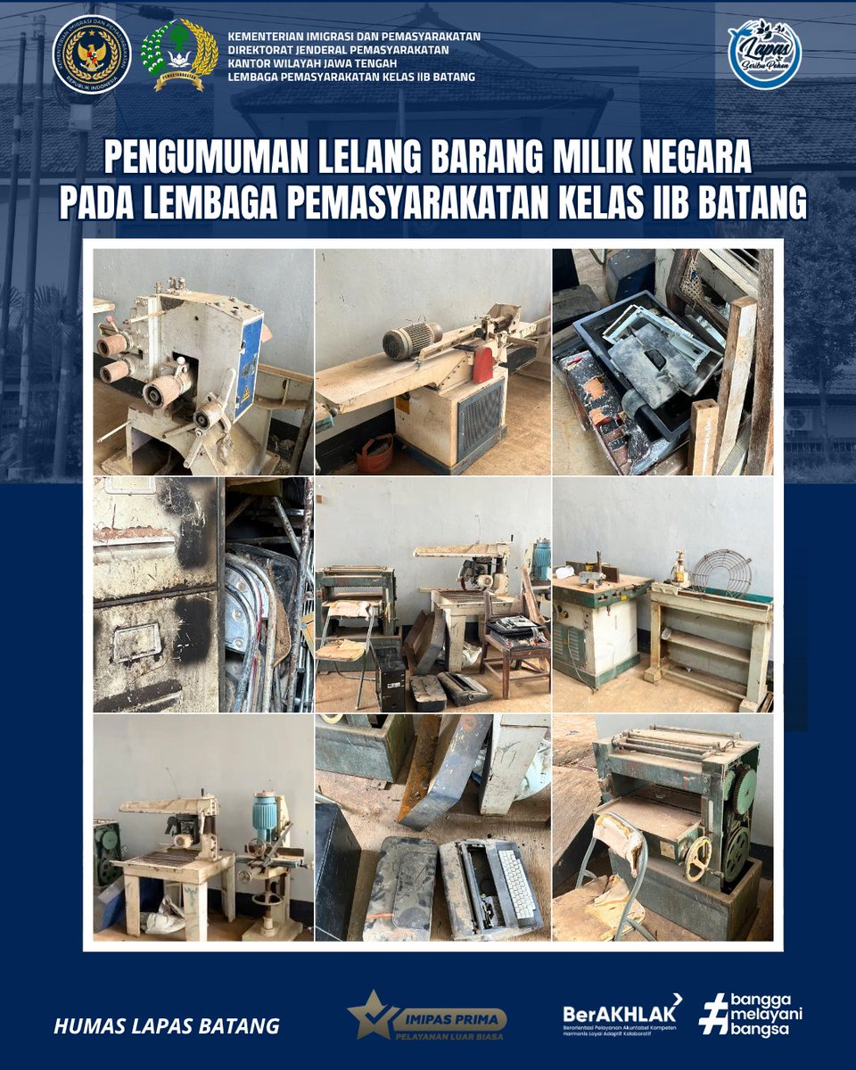 lapasbatang's tweet photo. PENGUMUMAN LELANG BARANG MILIK NEGARAPADA LEMBAGA PEMASYARAKATAN KELAS IIB BATANG

Lembaga Pemasyarakatan Kelas IIB Batang dengan perantaraan Kantor Pelayanan Kekayaan Negaradan Lelang (KPKNL) Pekalongan akan melakukan Lelang Non Eksekusi Wajib Barang Milik Negara https://t.co/DJb0SG4HId