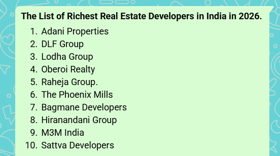 K_Karthik_Raja's tweet photo. The List of Richest Real Estate Developers in India in 2026
#StocksToTrade #stocktofocus #StocksToWatch #GIFTNIFTY #nifty50 #StockMarketNews #StocksToBuy #stockmarketcrash #sharemarketindia #Breakingnews #breakout #breakoutstocks #gold #silver https://t.co/RyQjv6BRoz