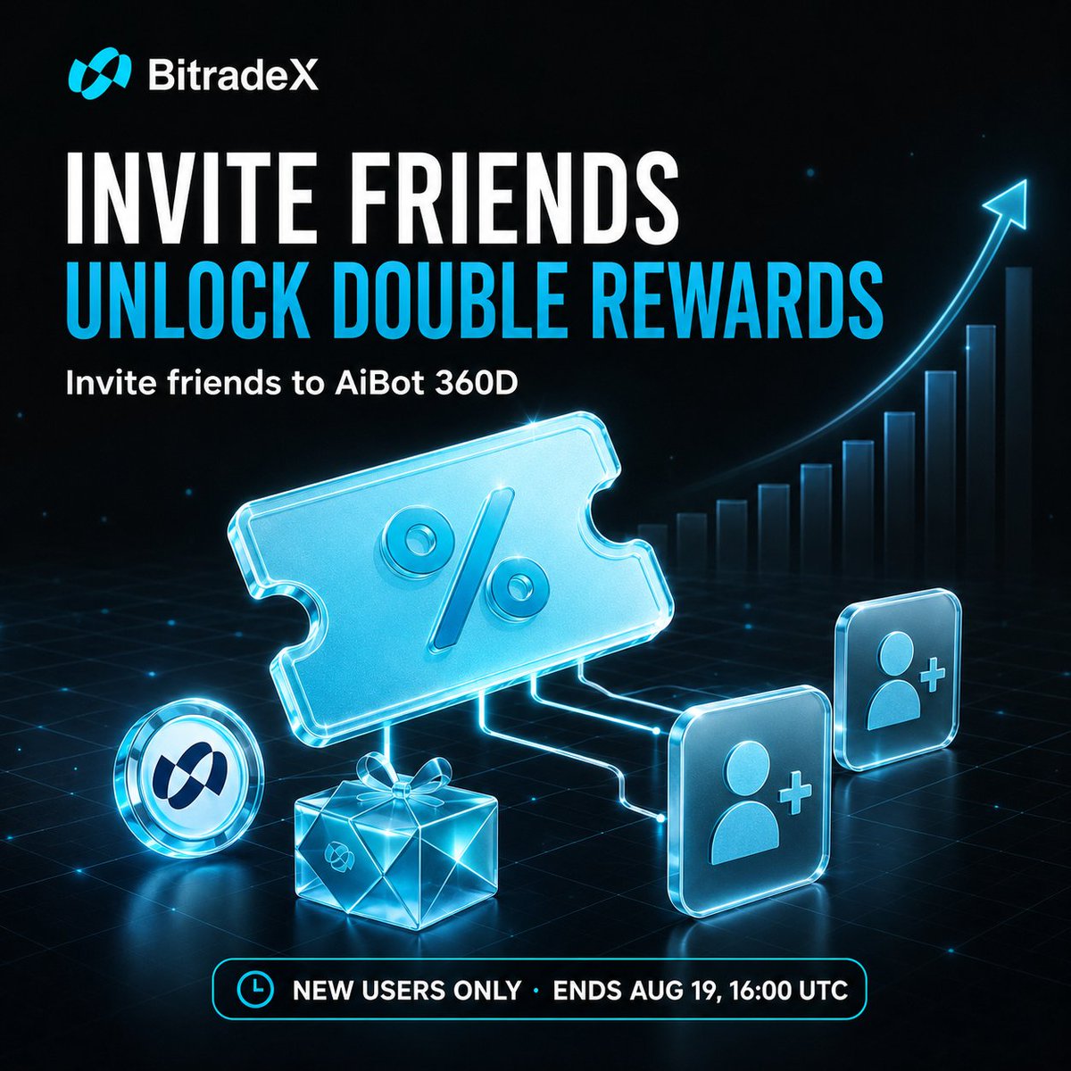 Bitradexen's tweet photo. Invite Friends. Double the Rewards. 🎁

New to BitradeX? Register for the event, invite your friends to join AiBot 360D recurring investment, and unlock more AiBot trial fund rewards as their investment grows.

More invited investment. More booster rewards.

New users only. Ends Aug 19, 16:00 UTC.
https://t.co/b9JaX6S8Hu