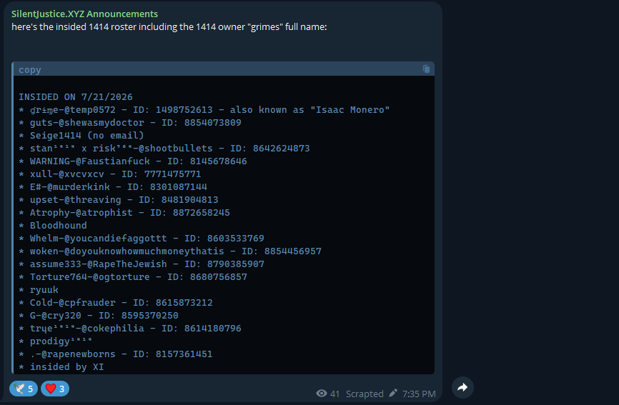 ScraptedAE's tweet photo. After deep investigation of "Grime," the owner of the extortionist group "1414," his name is "Isaac Monero," also known to live in California. I will be working on his fedding soon enough for all the countless girls he has hurt. Here's a roster of his group's private group chat. https://t.co/ZWPiLdfC0y
