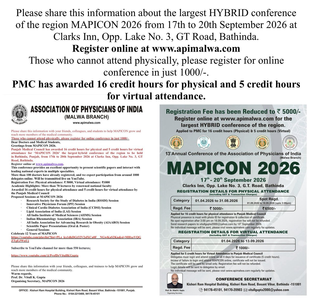 VitullDr's tweet photo. #Awareness #healthcareprofessionals #publicheath #Punjab #medicalstudents #medicaleducation #academicians #MentalHealthMatters #bathinda #conferences #education #governmentdoctors #Doctors #medicalcolleges #AIIMS #Bathinda
Share & Register today at https://t.co/LCXCWW2nLl https://t.co/4zVV1jKUnL