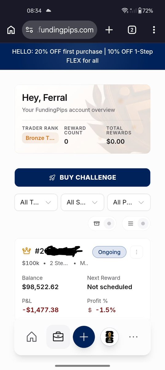 ferralFerns1's tweet photo. Day 2 on the $100K @fundingpips  Funded Account 💪
Balance: $98,522
P&amp;L: -1.5%  
A little red today, but no need to worry — psychology is everything.  Staying disciplined and trusting the process.  
#FundingPips #FundedTrader #TradingPsychology https://t.co/XLvMJ3SVok