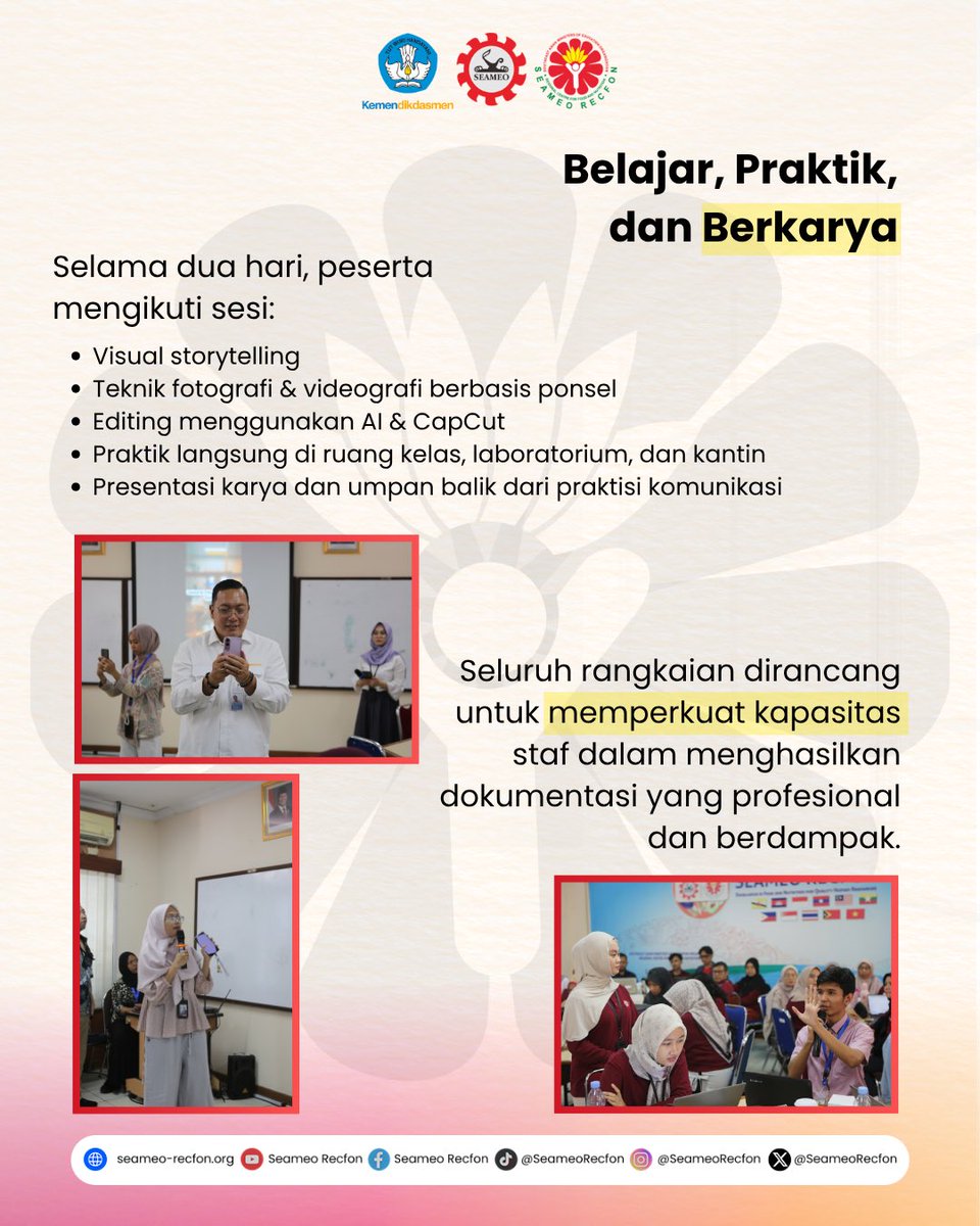 seameorecfon's tweet photo. 📸 Dokumentasi bukan sekadar mengabadikan momen, tetapi juga menjadi media untuk menyampaikan cerita dan menunjukkan dampak sebuah program.

✨ Seperti apa keseruan lokakaryanya? Baca cerita lengkapnya melalui tautan di bio.

#SEAMEORECFON #PhotographyWorkshop #RECFONEvent https://t.co/ABrg31LFCR