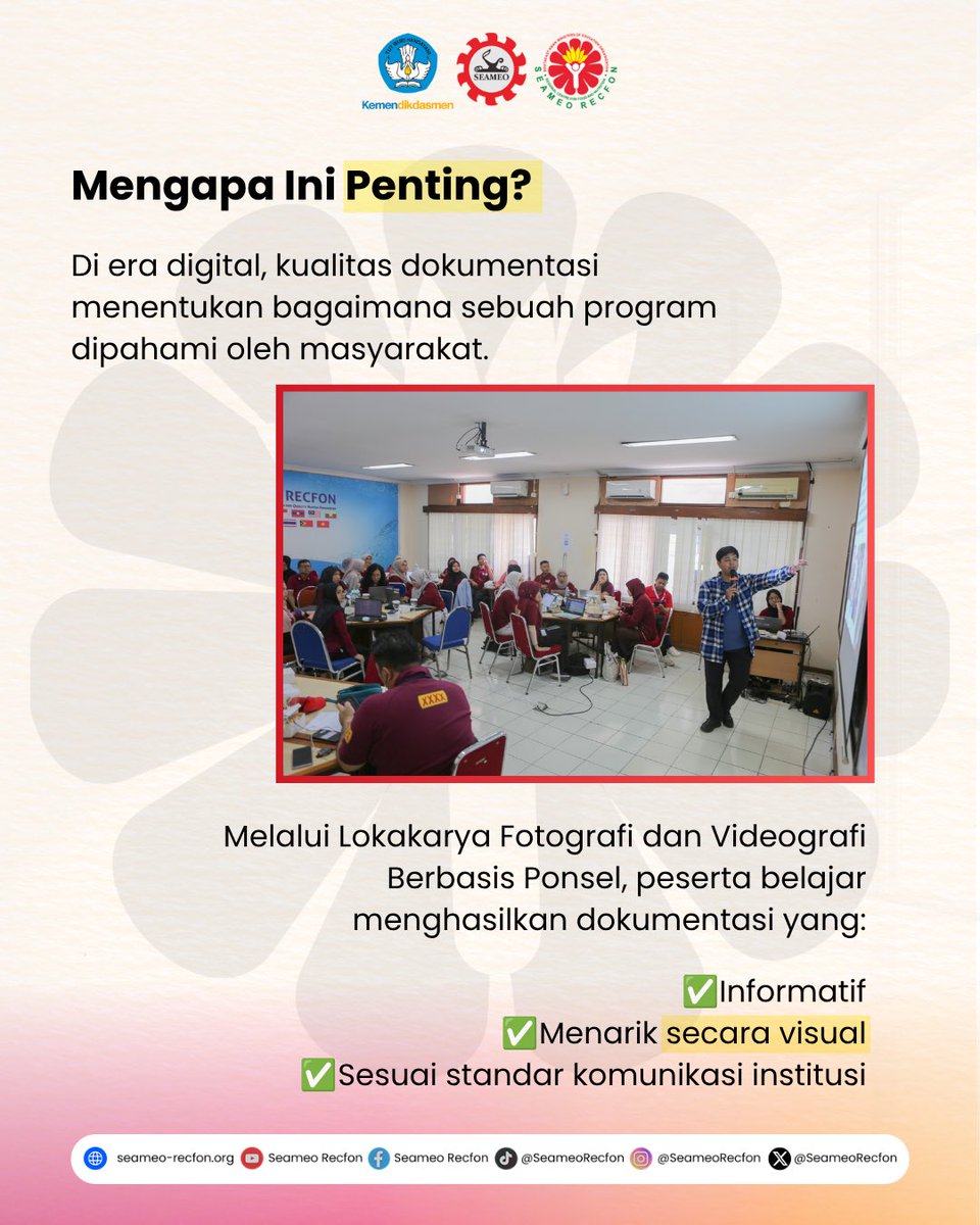 seameorecfon's tweet photo. 📸 Dokumentasi bukan sekadar mengabadikan momen, tetapi juga menjadi media untuk menyampaikan cerita dan menunjukkan dampak sebuah program.

✨ Seperti apa keseruan lokakaryanya? Baca cerita lengkapnya melalui tautan di bio.

#SEAMEORECFON #PhotographyWorkshop #RECFONEvent https://t.co/ABrg31LFCR