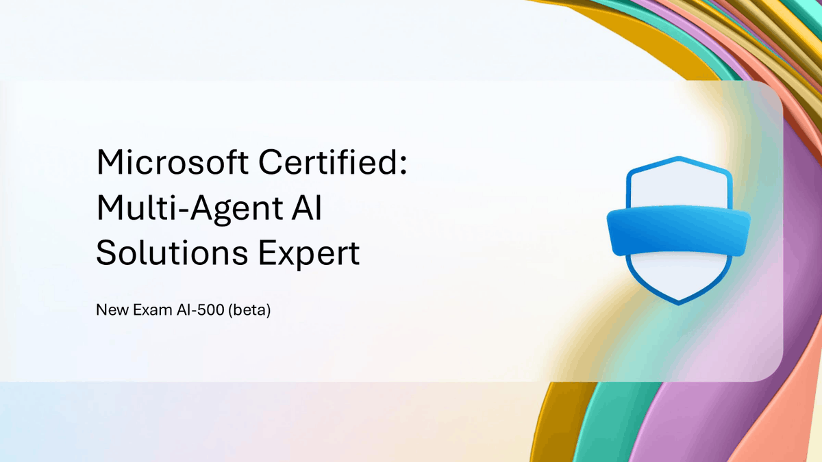 MicrosoftLearn's tweet photo. You’ve built AI apps.
You’ve built agents.

Now it’s time to design systems where agents work together.

The new Microsoft Certified: Multi-Agent AI Solutions Expert (Exam AI-500 [beta]) is built for professionals ready to:
• Architect complex, production-ready AI systems
• Orchestrate multiple agents and tools
• Deliver scalable, governed AI solutions

This isn’t just another Certification—it’s a signal you can operate at expert level in the agentic era.
Beta now open with limited discounted seats: https://t.co/2UVMxvIKGG