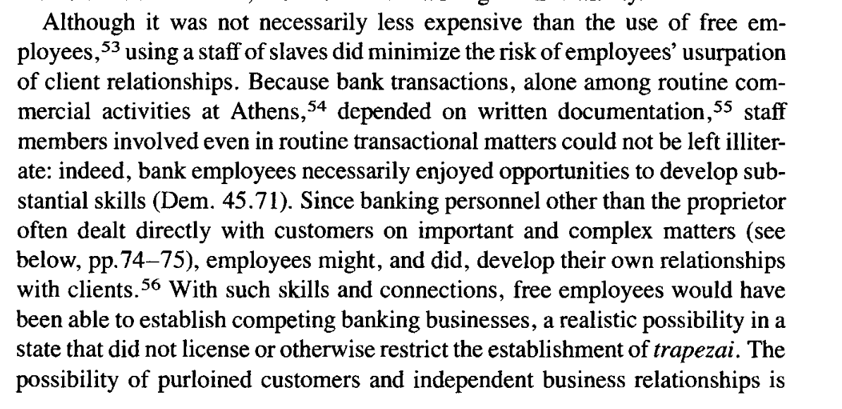 cvmonakow's tweet photo. Bankers preferred using slaves despite being equivalent in expense with free labor, because slaves could not take their expertise and relationships and establish competing banks.

This meant banking provided opportunities for slaves to advance significantly. https://t.co/PLopbY4yOE