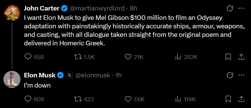 Grummz's tweet photo. Elon down for 100M to back a Mel Gibson Odyssey.

Let's goooooo! https://t.co/SsYvZHS9xa