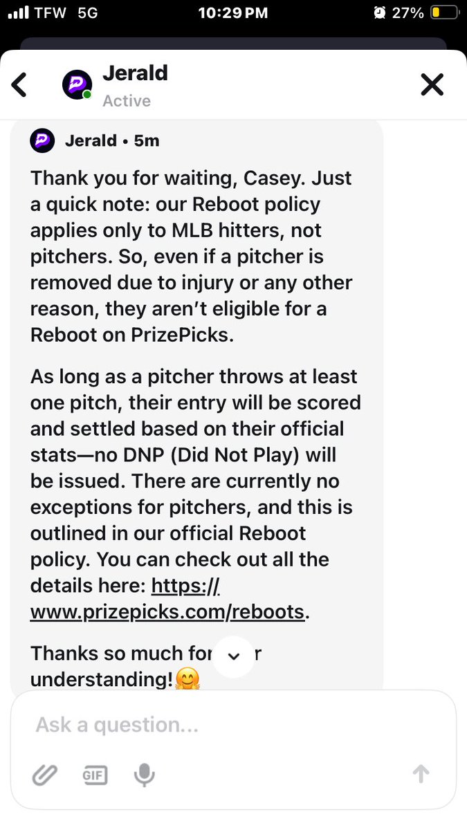 LarrySpaceballs's tweet photo. @PrizePicks This is what I was told

And when I brought up Mize they said "we do not have insight on Casey Mize we only can refer to the players on your slip, every situation is different"

I then told Jerald the help guy to "go fuck a donkey" and he threatened to deactivate my account lol https://t.co/yqGSxfYA7V