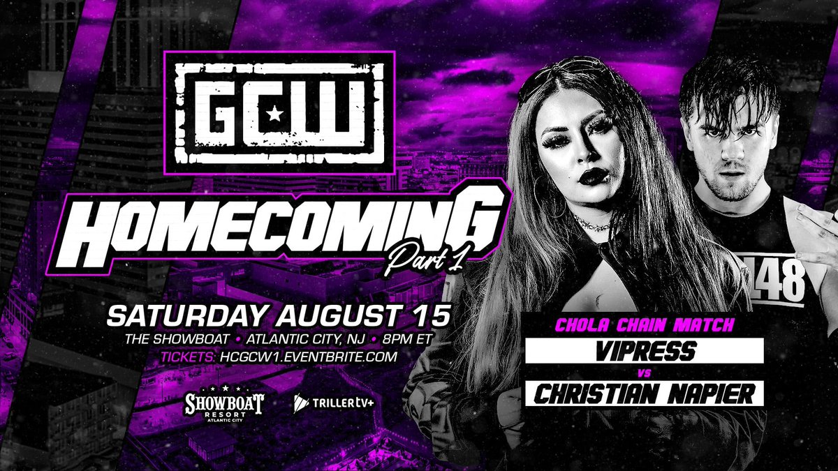 GCWrestling_'s tweet photo. *HOMECOMING UPDATE*

Just Signed for Night 1:

*Chola Chain Match*

VIPRESS
vs
CHRISTIAN NAPIER

Plus:
6 Man Deathmatch
Marko vs Janela
Bustah &amp; Brain
Bear Bronson
+more

Tix:

Night 1 (8/15):
https://t.co/cRWSayAmI0

Night 2 (8/16):
(Circus Death Match)
https://t.co/oAt3IsbPYC https://t.co/BOiwXnnLj9