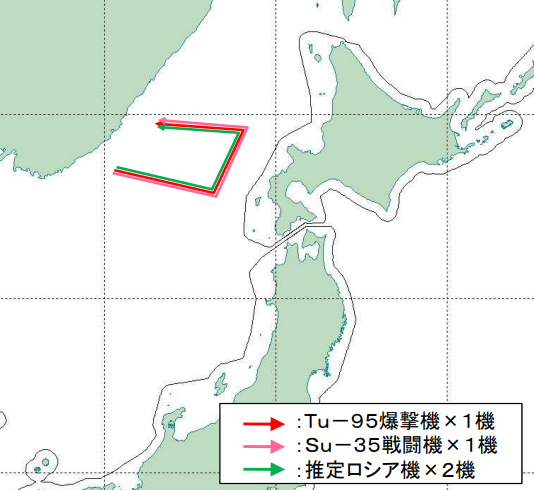 jointstaffpa's tweet photo. 令和８年７月２１日(火)ロシアの爆撃機（Tu-95）×1機、戦闘機（Su-35）×1機及び推定ロシア機×2機が、日本海上空を飛行したことを確認しました。
これらに対して、 #航空自衛隊 の北部航空方面隊等の戦闘機を #緊急発進 させ対応しました。 https://t.co/HwyY8QfEKV