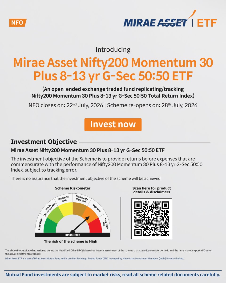 MiraeAssetETF's tweet photo. Why choose between growth and stability when one ETF brings both together?

Mirae Asset Nifty200 Momentum 30 Plus 8–13 yr G-Sec 50:50 ETF, India's first Smart Beta Hybrid ETF.

NFO closes on 22nd July 2026

Invest now: https://t.co/3jglKCYg2f
Know more: https://t.co/wyxDMsbpdp https://t.co/VBU1ZEdJFc
