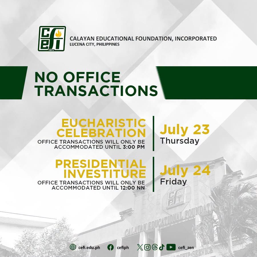 cefi_zen's tweet photo. Please be guided by the following office schedule adjustments.

We encourage everyone to complete their transactions before the stated cut-off times. Regular office operations will resume on the next working day.

Thank you for your understanding and cooperation. 💚💛 https://t.co/ediBkKff5I