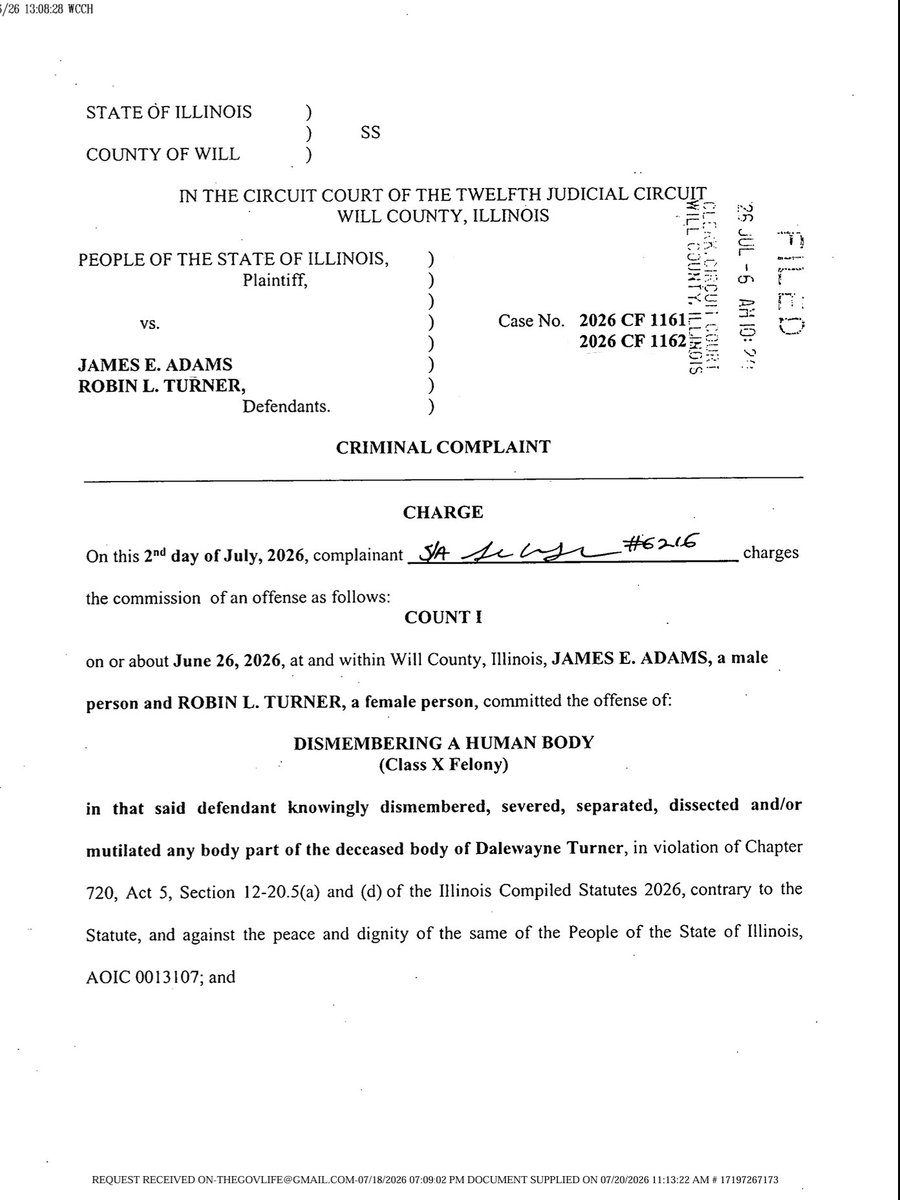 TrueCrimeFeline's tweet photo. 💥𝗗𝗢𝗖𝗨𝗠𝗘𝗡𝗧𝗦💥
#DalewayneTurner
#Illinois #Murder
#JamesAdams
#RobinTurner
🗂️ 𝗖𝗮𝘀𝗲 𝗙𝗶𝗹𝗲
⛓️ Booking
⛓️ Warrants
⛓️ Criminal Complaints
⛓️ Pre-Trial Release Petitions
#GrizzlyTrueCrime
Link to full docs! ⬇️
https://t.co/7Zmm6CmZpl https://t.co/41each3wse