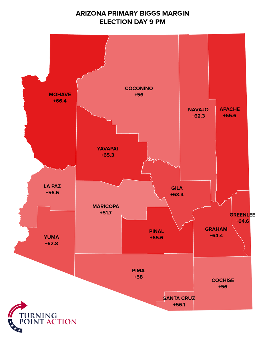 GSutterGIS's tweet photo. 🚨ARIZONA PRIMARY🚨

Election Day 9 PM

Statewide Biggs Margin of Victory

No county is under +50 🔴 for Biggs!!

ANDYZONA https://t.co/A0LkdhF8lF