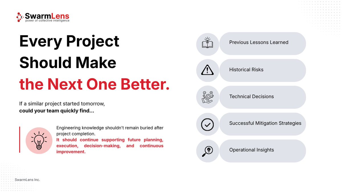 SwarmLens's tweet photo. The biggest losses in engineering projects aren't always financial. They're the lessons we fail to carry forward.

Knowledge only creates value when it's reused.

How does your team capture and reuse project learnings?

#Engineering #KnowledgeManagement #AI #AgenticAI #SwarmLens https://t.co/KFk2yrGdF3