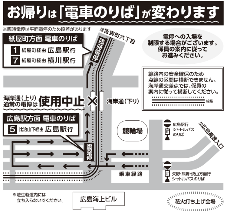 HiroshimaMinato's tweet photo. 花火大会終了”後”の「電車のりば」にご注意下さい⚠️

通常の電停（海岸通）は使用せず
南北に臨時の停留所が設けられます🚃

■広島駅行（5号線）は南側
■紙屋町経由（1/7号線）は北側
花火終了後の21時がめちゃ混雑しますので、時間に余裕のある方は少しのんびりしてから電車に乗られるのが良いかと🙌

なお、終電は
「１」紙屋町東経由　広島駅行22:14
「５」比治山下経由　広島駅行22:28
「７」紙屋町西経由　横川駅行22:08
とのことです。
#宇品の花火2026まとめ
