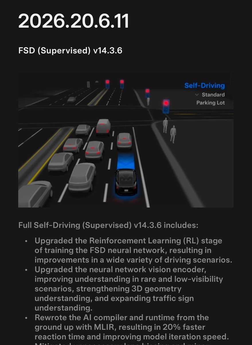 TeslaNewswire's tweet photo. 🔥🔥 Tesla FSD (Supervised) v14.3.6 and v14 Lite are now rolling out with software update 2026.20.6.11!

✅ This is the unified release bringing FSD v14 to both HW4/AI4 and HW3/AI3 vehicles.

✅ No changes to the FSD v14.3.6 release notes, suggesting this is a bug-fix update.

✅ No changes to the FSD v14 Lite release notes either, suggesting it’s a bug-fix update or the same build.