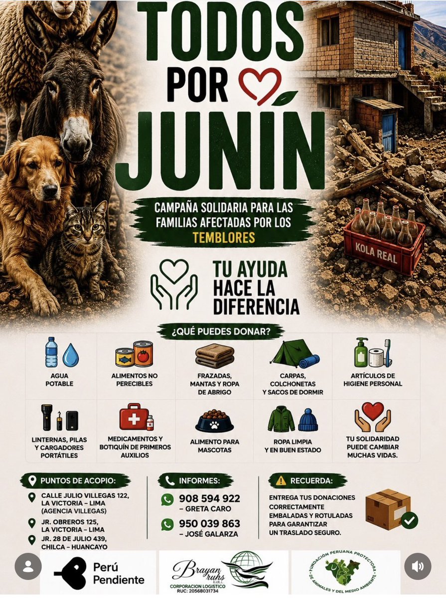 kmxslvs's tweet photo. Gente hay que difundir canales de apoyo para nuestros hermanos damnificados de Junín tras el fuerte sismo ocurrido el 18 de julio!! Necesitamos que esto se difunda y se logre un avance lo más pronto posible https://t.co/rsv49BNf0S