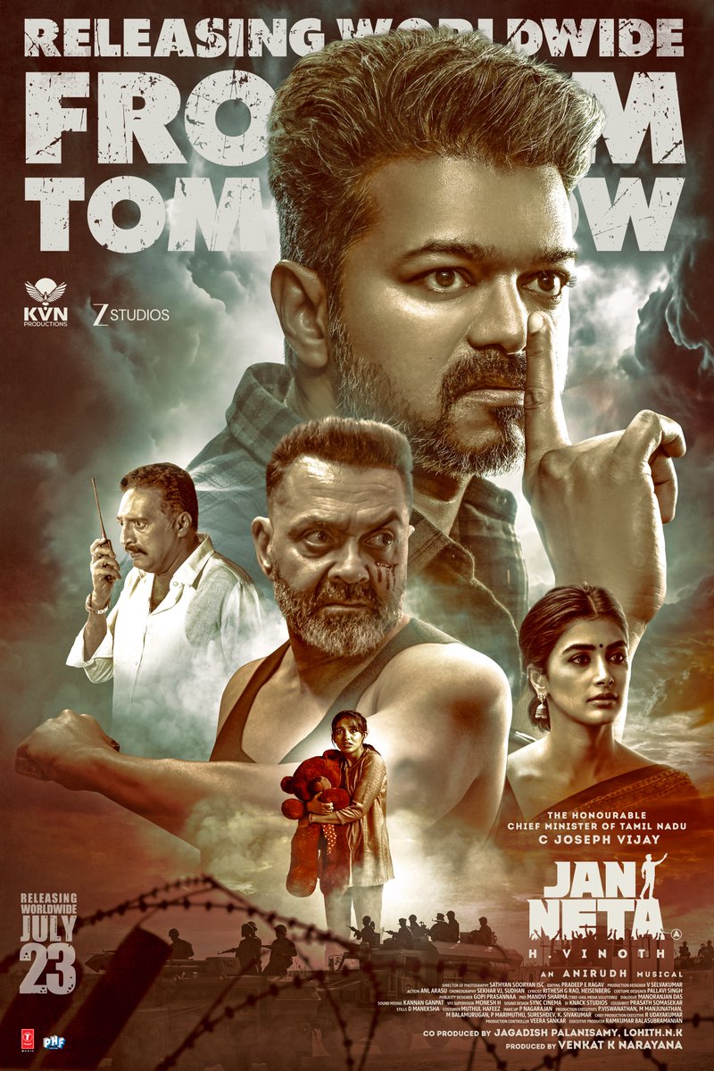 KvnProductions's tweet photo. BLAST-U BLAST-U in theatres near you tomorrow 💥

#JanaNayaganFromTomorrow
#JanaNayakuduFromTomorrow
#JanNetaFromTomorrow

The Hon'ble Chief Minister @actorvijay @TheKVNofficial @KvnProductions #HVinoth @hegdepooja @anirudhofficial @thedeol @_mamithabaiju @Jagadishbliss @LohithNK01 @RamVJ2412 @TSeries