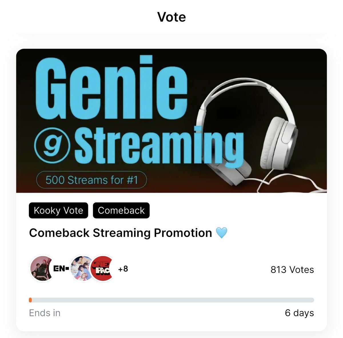 EN_CODEGLOBAL's tweet photo. [KOOKY] — GENIE STREAMING SUPPORT

ENGENEs! The next K-streaming support for comeback on GENIE is now officially open!

🗓️ July 29, 11AM KST
🗳️ 1 Kooky = 1 Vote / 1 Loovy = 10 Votes
🔗 https://t.co/iusDPIhDCZ

Rewards:
• The top 1 will get 500 Streaming reward of Comeback/ Newest music in Bugs.
• The top 2 will get 300 Streaming reward.
• Artist with the most 'Loovy' votes will also get 100 Streaming reward!
• YT, Spotify Playlist Promotion

Do not exhaust all your kookys on one poll since we have another one coming in the next few days.

#ENHYPEN #THE_SIN_BLISS 
#ENHYPEN_8thMiniAlbum @ENHYPEN @ENHYPEN_members