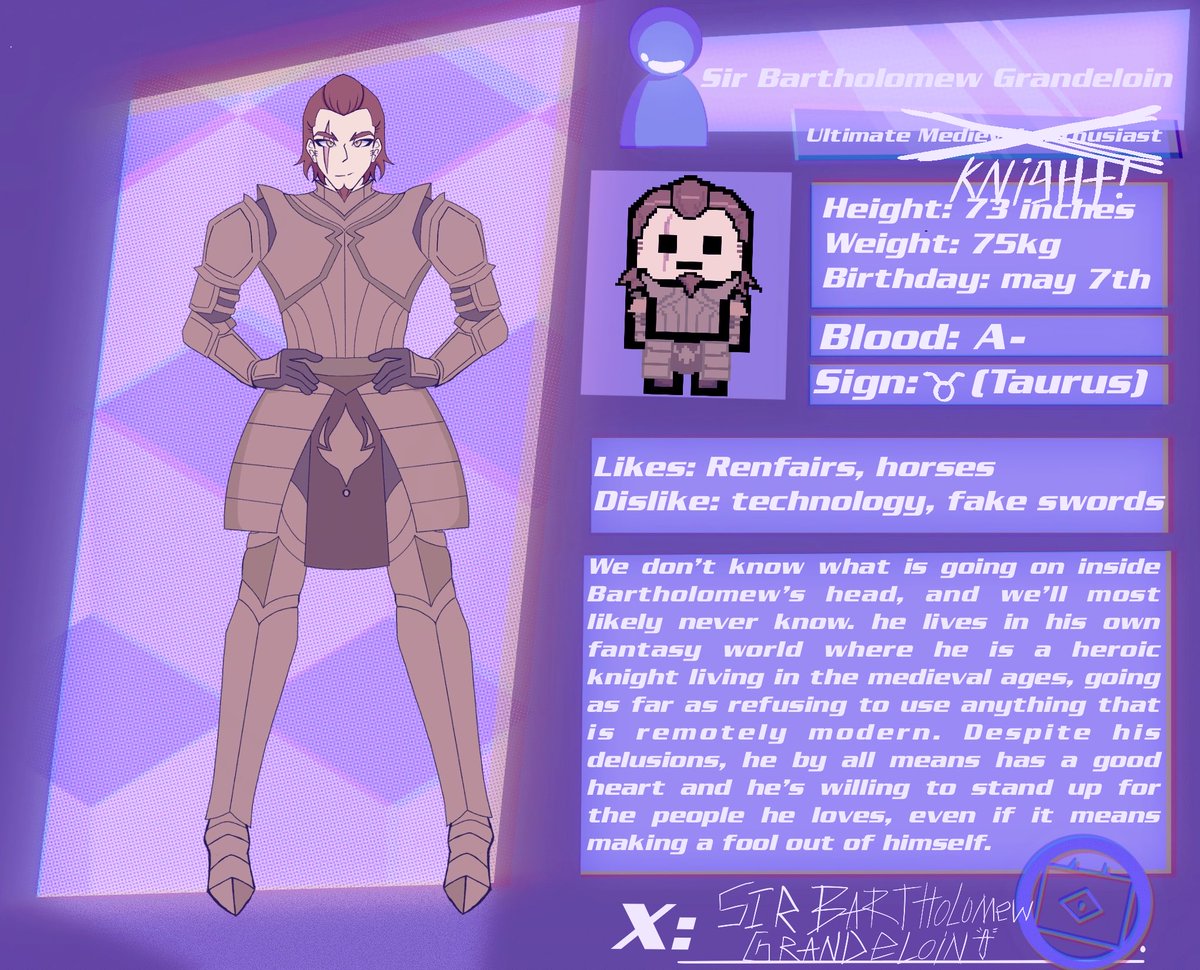 Alterego_404's tweet photo. Meet Sir Bartholomew Grandeloin, The Ultimate Medieval Enthusiast(KNIGHT! YOU FIEND! I AM A KNIGHT!)
#fangantwt #fanganronpa #fanganronpagame #danganronpa https://t.co/BMZrdVABF6